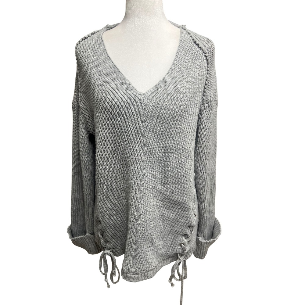 Umgee USA Sweater Womens Sz M Gray V-Neck Lace Up Side Chunky Knit Boho Relaxed